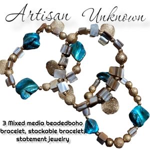 Bohemian Chic 3 Mixed media beaded bracelets turquoise golden stretchy jewelry